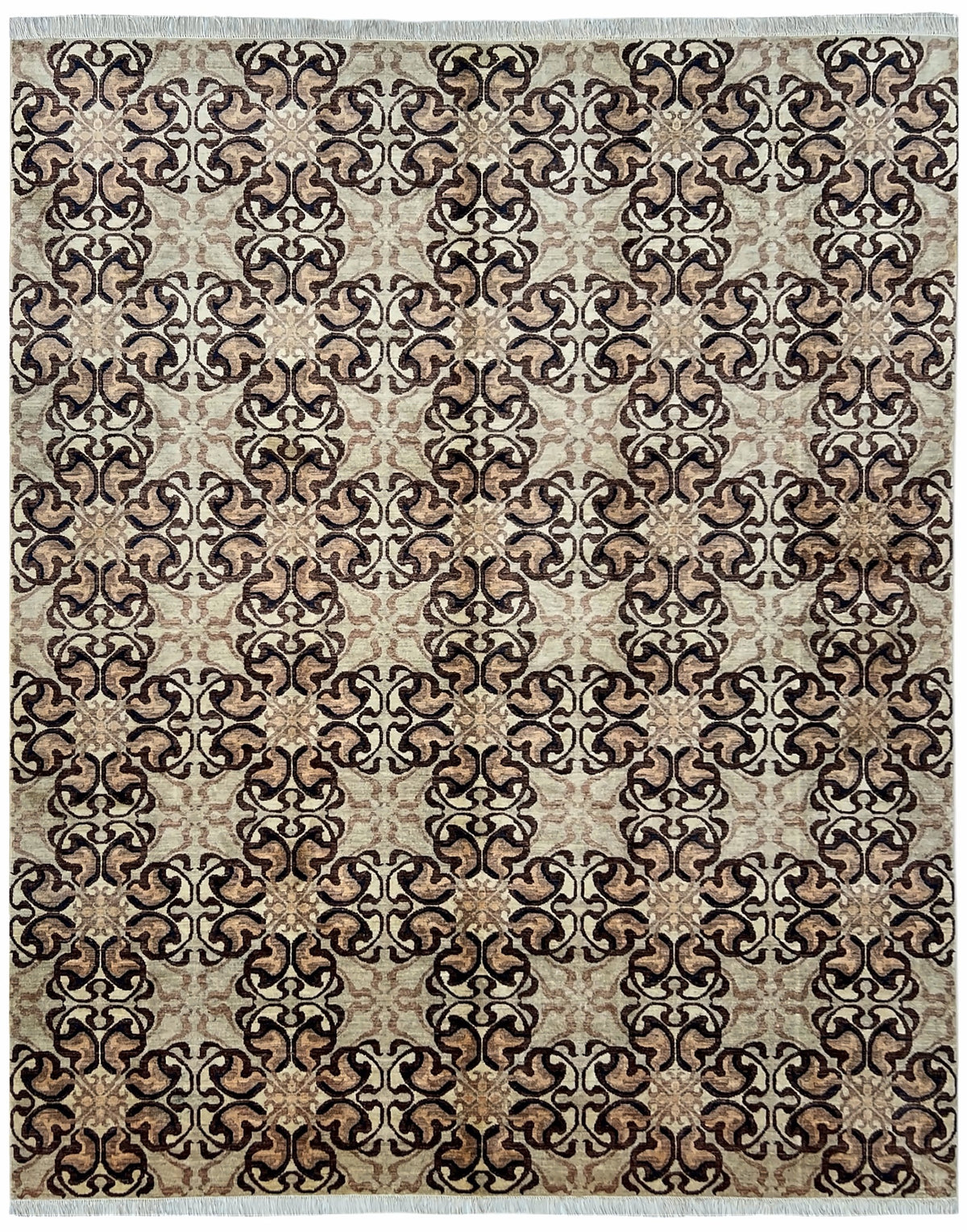 Afghan Modern Rug 8x10 | beige field with an allover brown and black scroll lattice | allover design | hand-knotted wool