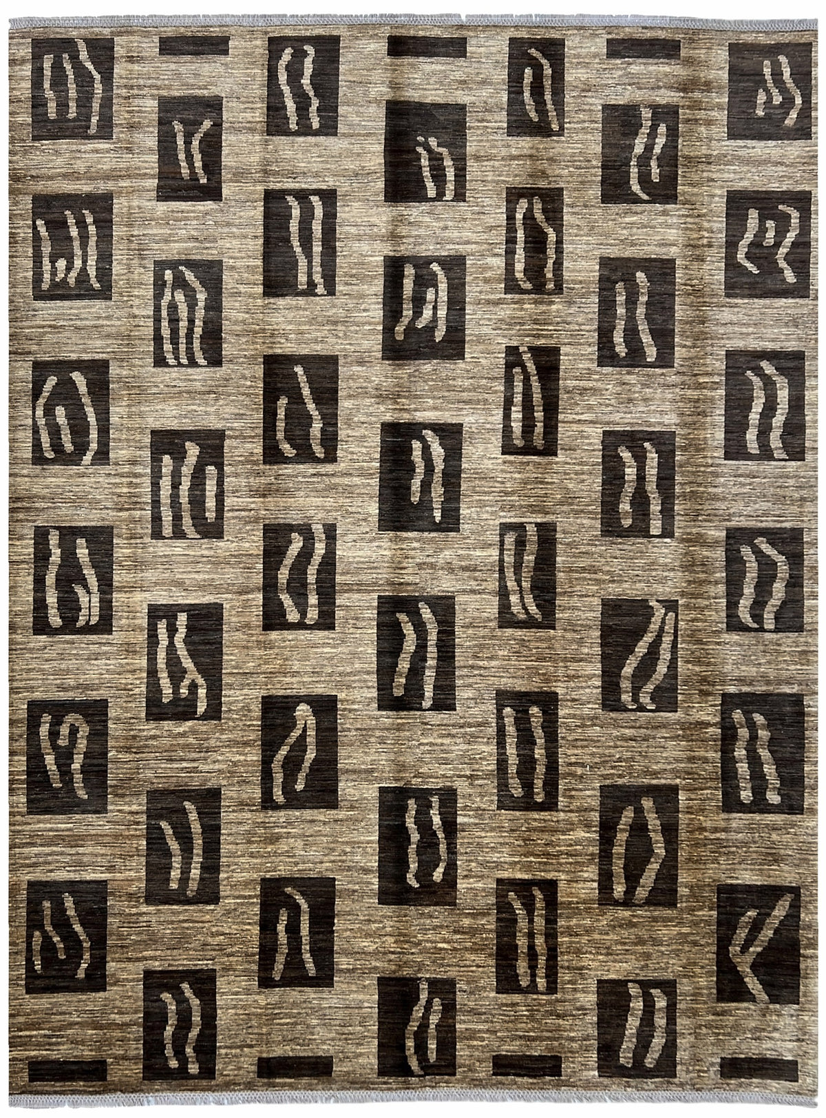 Afghan Modern Rug 9x12 | taupe abrash field with brown blocks with ivory | modern design | hand-knotted wool