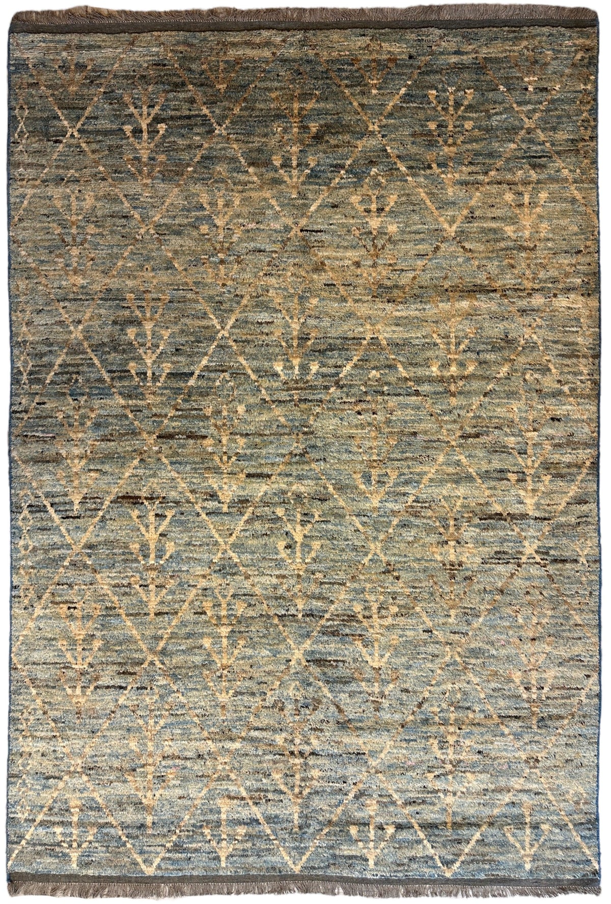 Afghan Rug 7x10, Gray, Blue & Beige, Hand-Knotted Wool
