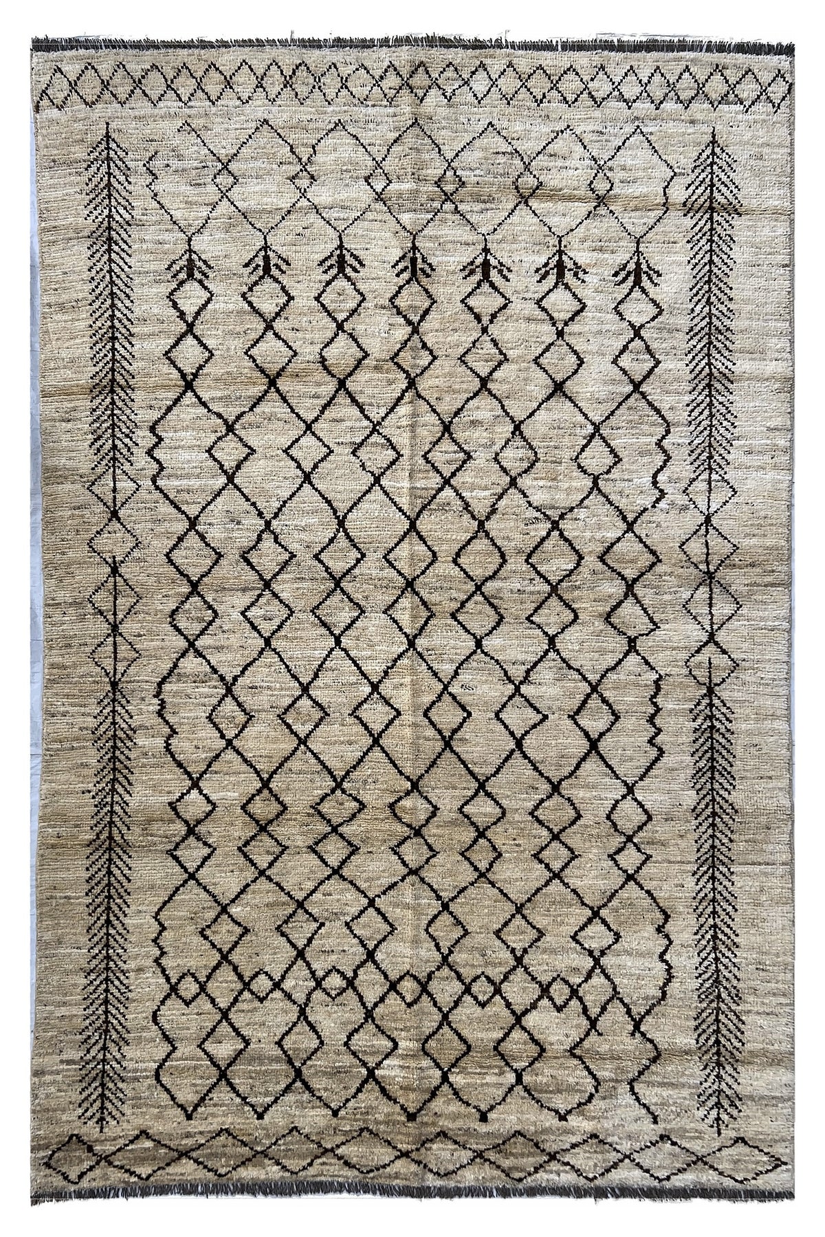 Afghan Moroccan Rug 6x10 | beige field with charcoal diamond columns and arrows | moroccan design | hand-knotted wool