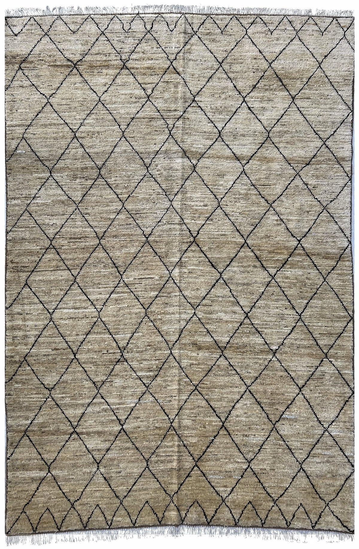 Afghan Moroccan Rug 6x9 | beige field with a charcoal diamond lattice | moroccan design | hand-knotted wool