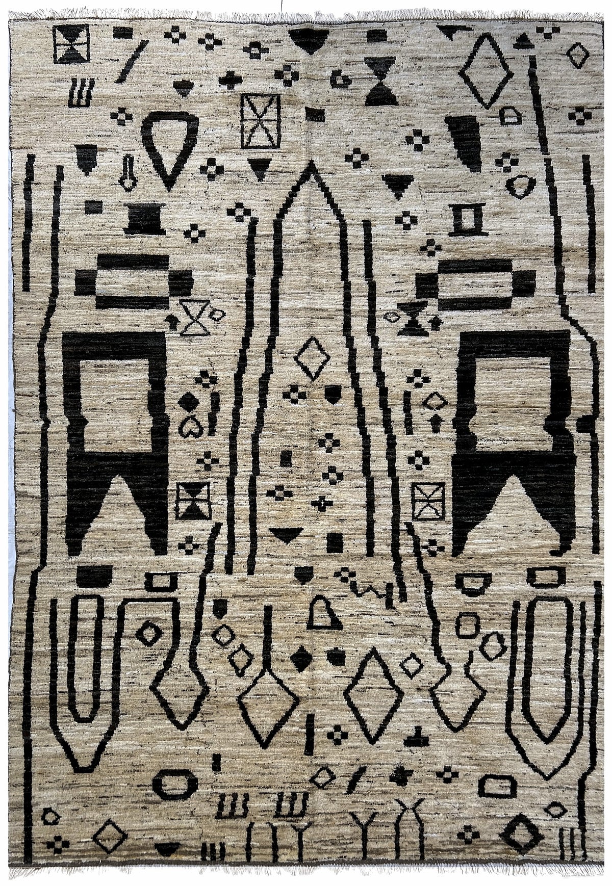 Afghan Moroccan Rug 7x10 | beige field with bold black tribal symbols | moroccan design | hand-knotted wool