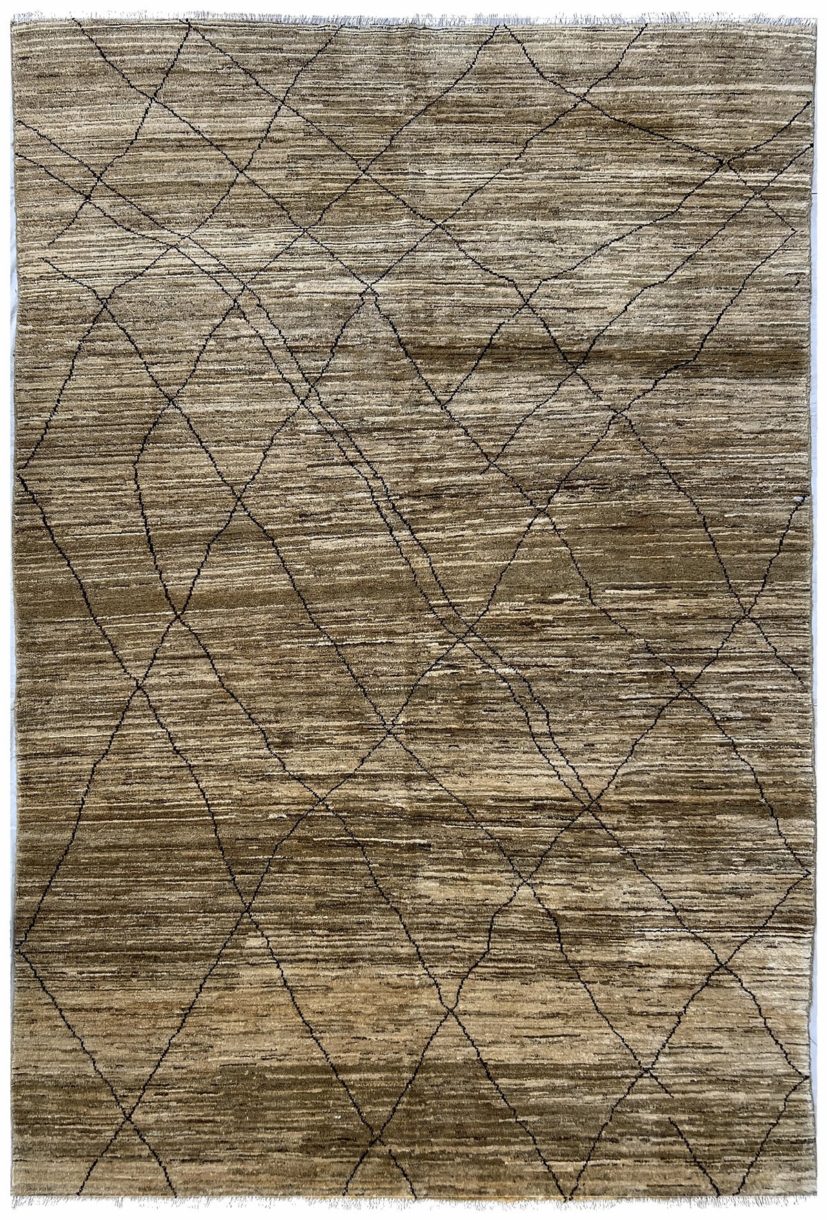 Afghan Moroccan Rug 7x10 | brown and beige abrash field with a black diamond lattice | moroccan design | hand-knotted wool
