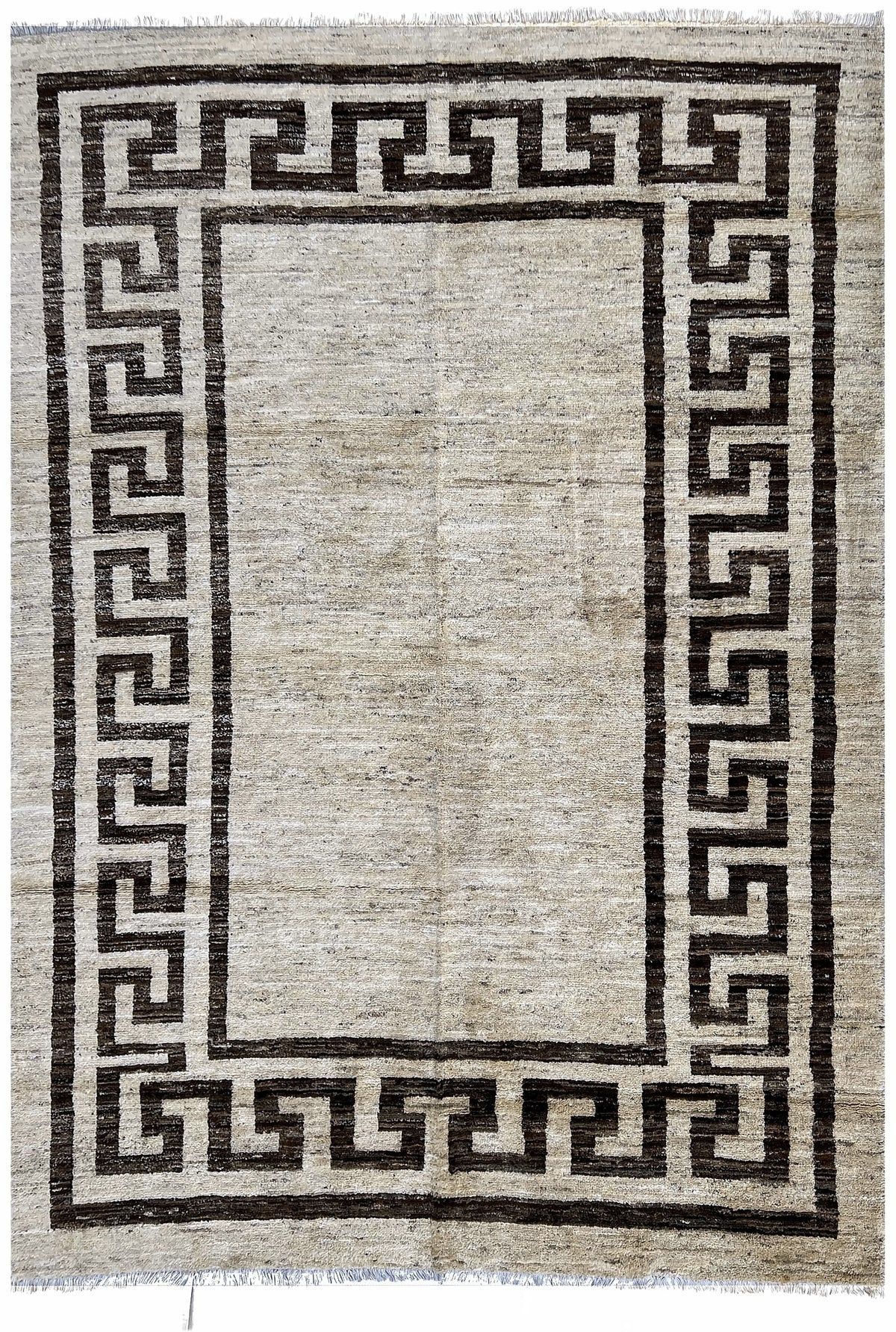 Afghan Moroccan Rug 7x10 | plain ivory field inside a brown Greek key border | greek key design | hand-knotted wool