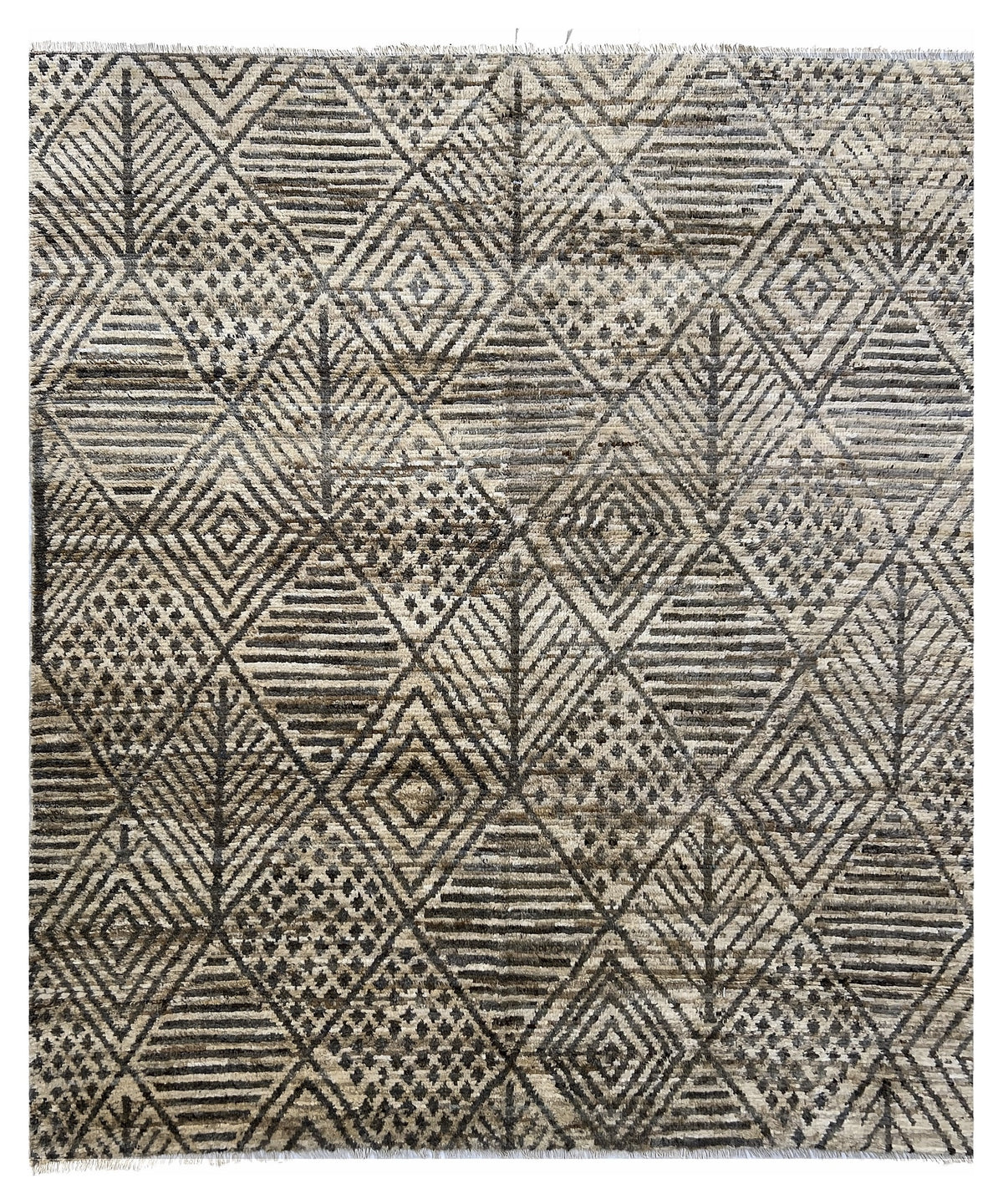 Afghan Moroccan Rug 8x10 | beige field with a charcoal diamond pattern | moroccan design | hand-knotted wool