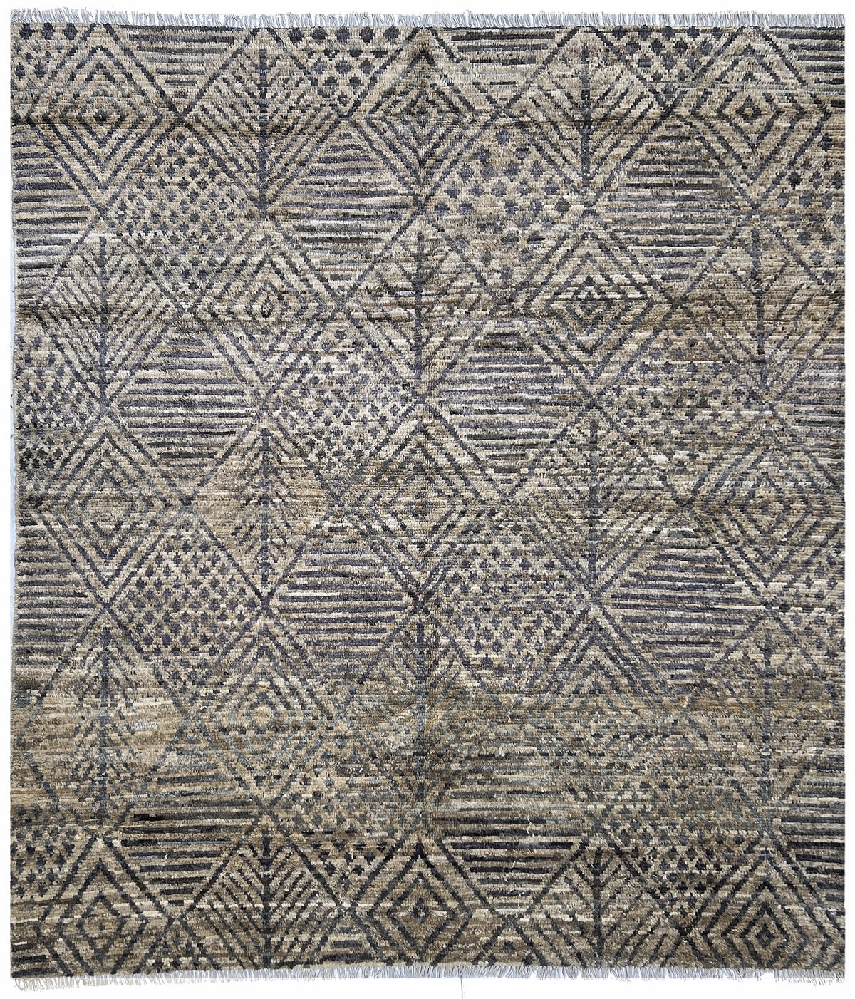 Afghan Moroccan Rug 8x10 | beige field with a charcoal diamond pattern | moroccan design | hand-knotted wool