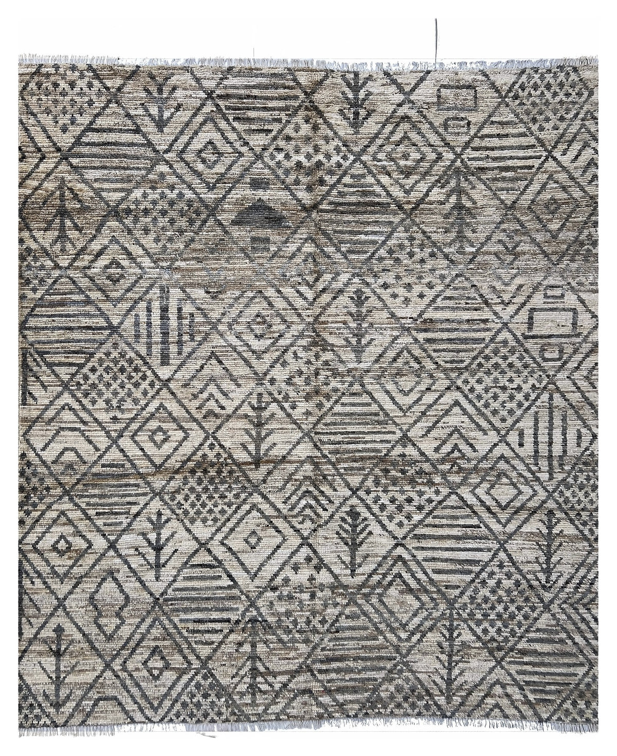 Afghan Moroccan Rug 8x10 | ivory field with a charcoal diamond pattern | moroccan design | hand-knotted wool