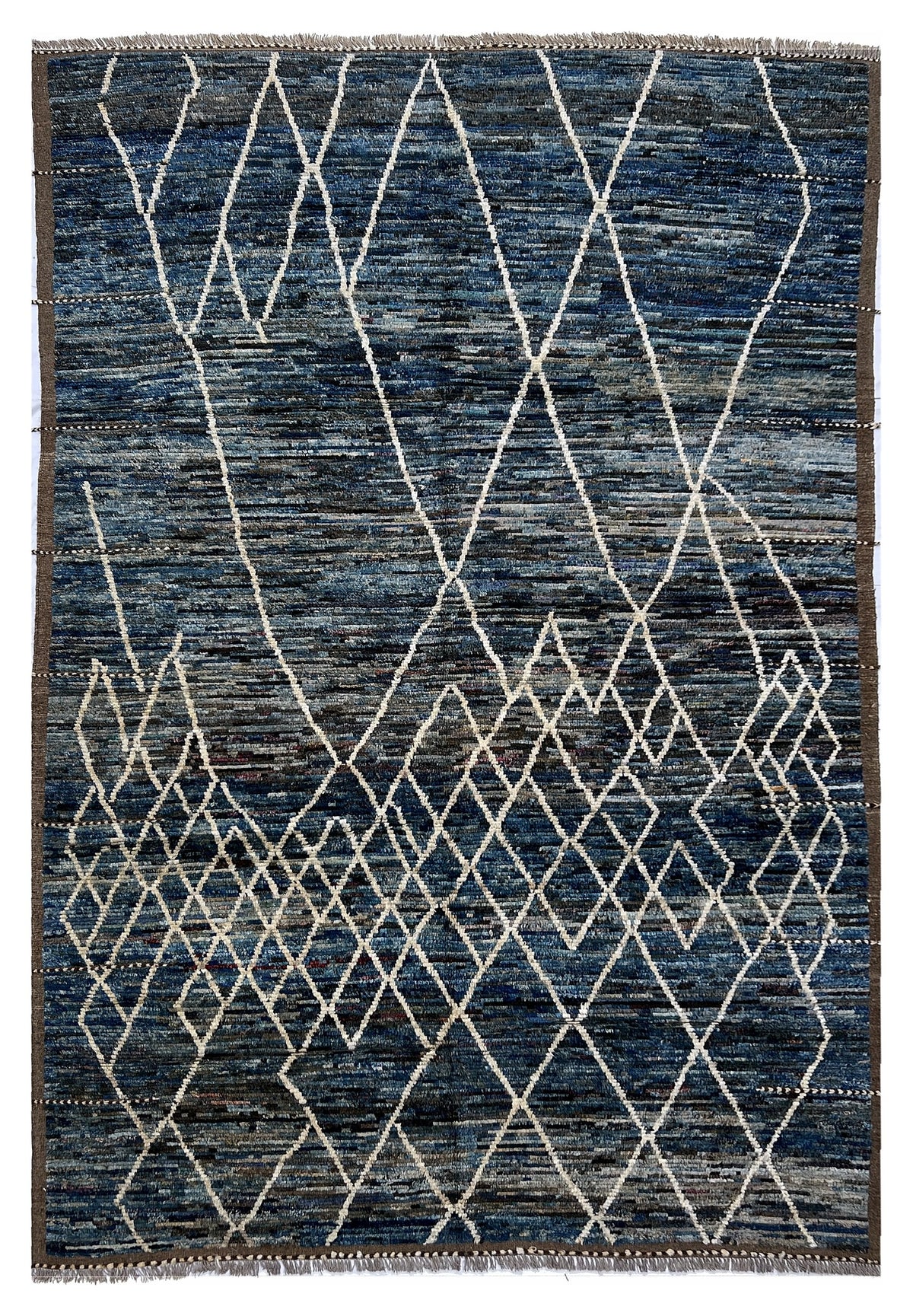 Afghan Moroccan Rug 8x12 | denim blue field with an ivory diamond lattice inside a brown border | moroccan design | hand-knotted wool