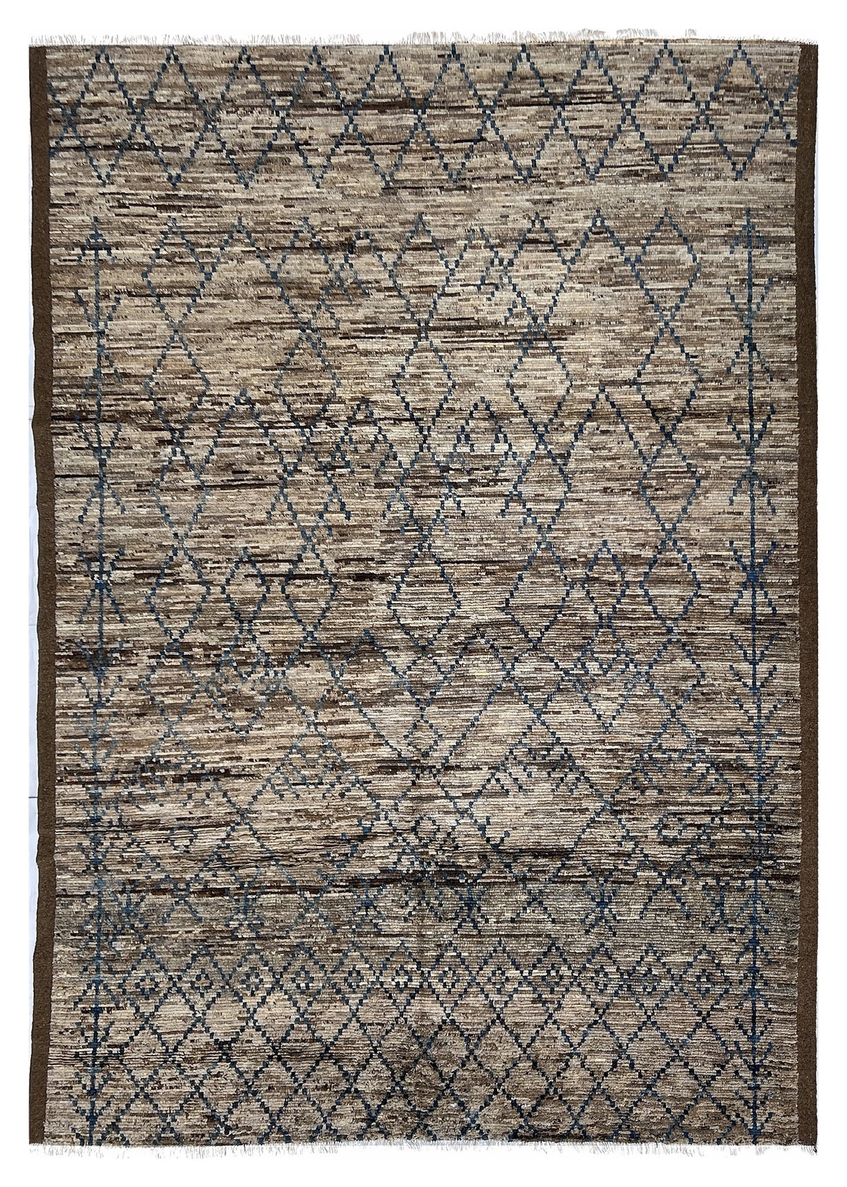 Afghan Moroccan Rug 9x12 | beige field with a thin charcoal diamond lattice inside a brown border | moroccan design | hand-knotted wool