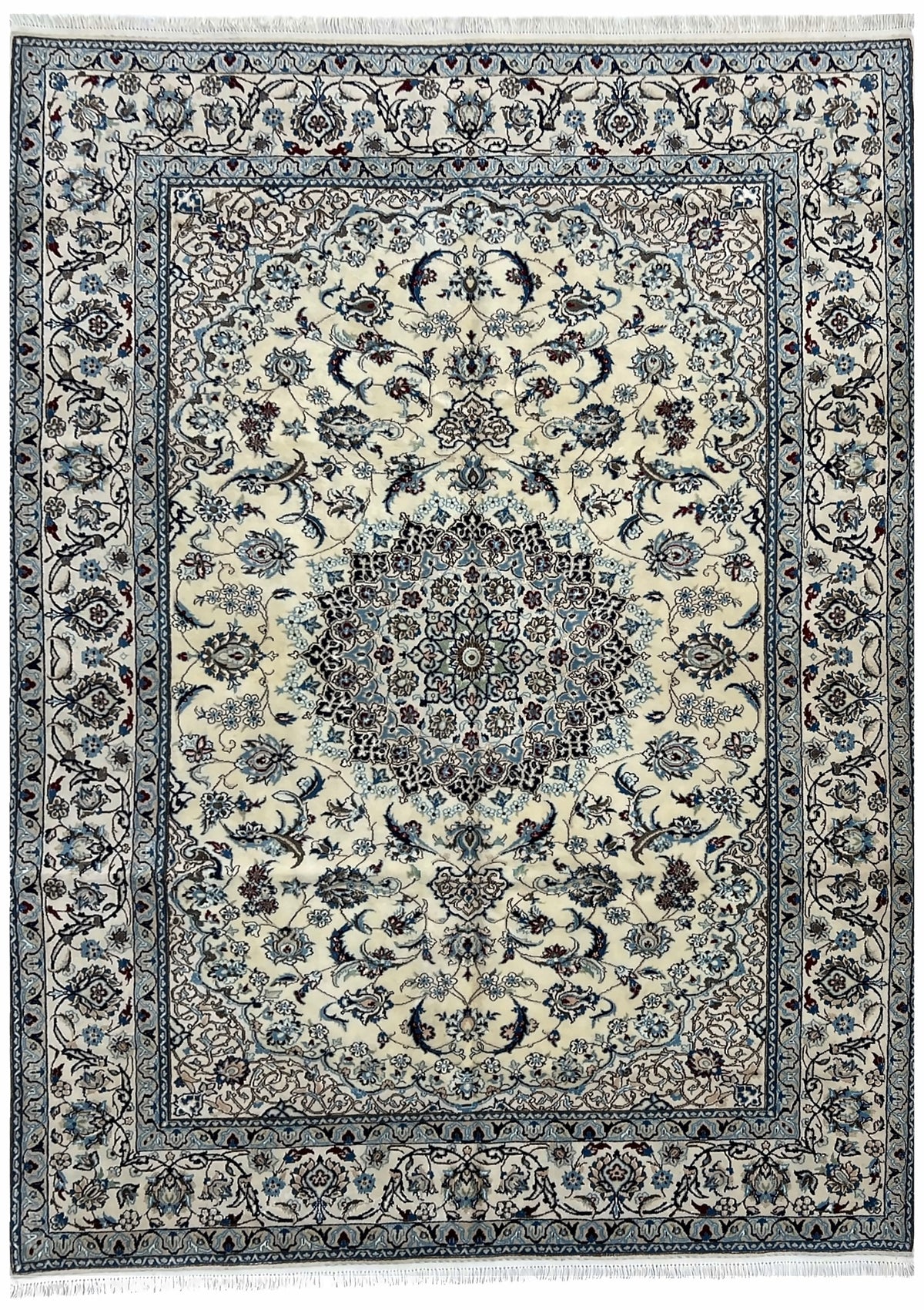 Afghan Nain Rug 7x9 | ivory field with a navy floral medallion inside a navy border with blue | medallion design | hand-knotted wool