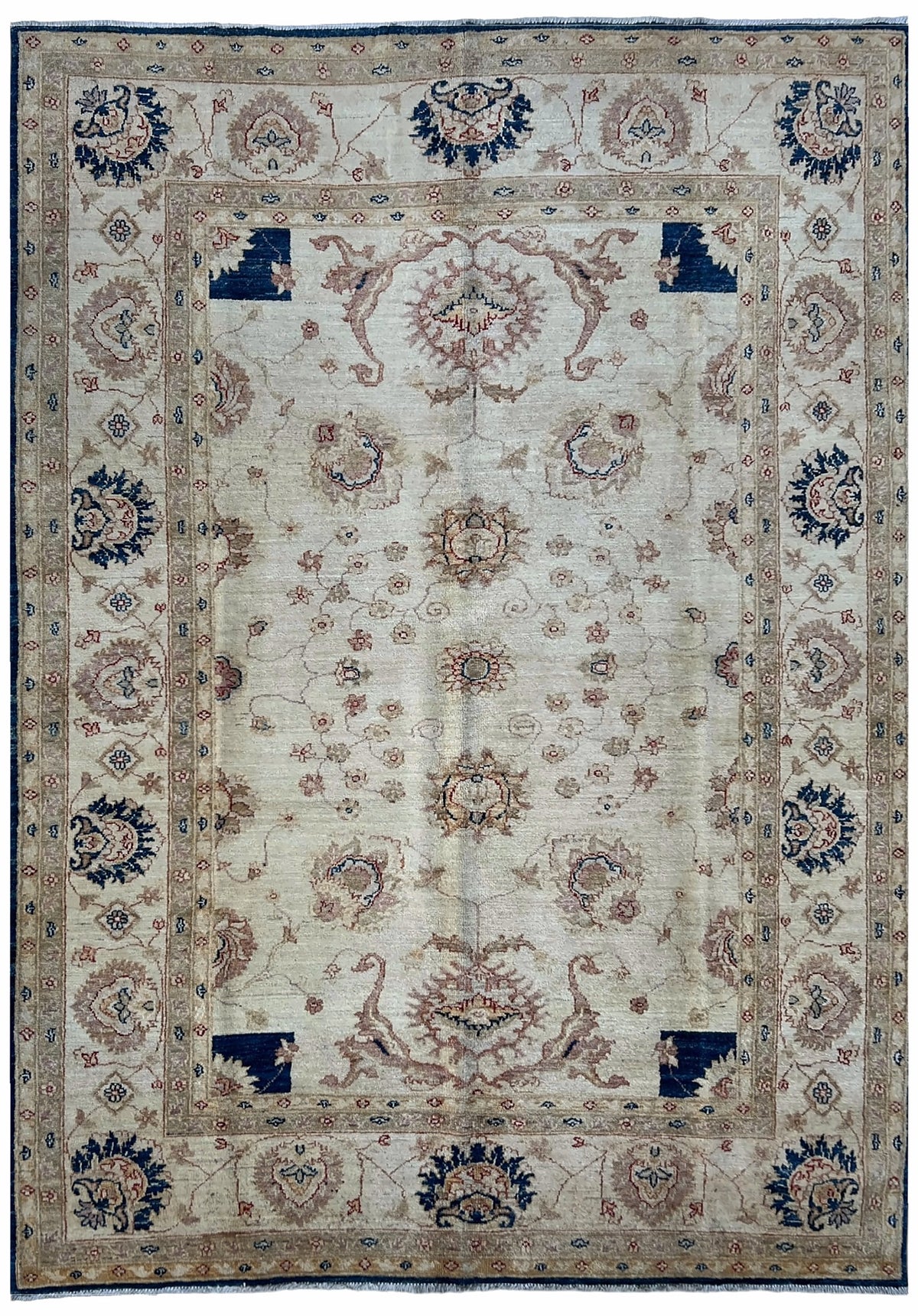 Afghan Oushak Rug 6x8 | ivory field with taupe florals and navy accents | floral design | hand-knotted wool