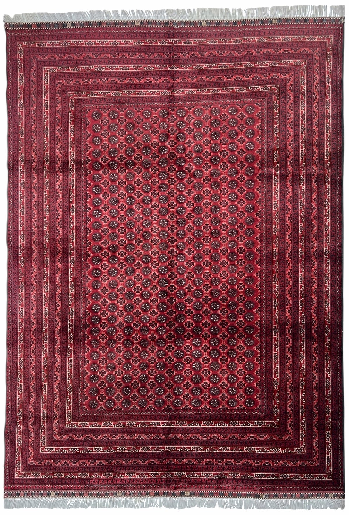 Afghan Turkmen Rug 7x10 | deep red field with a fine allover gul pattern with burgundy | gul design | hand-knotted wool
