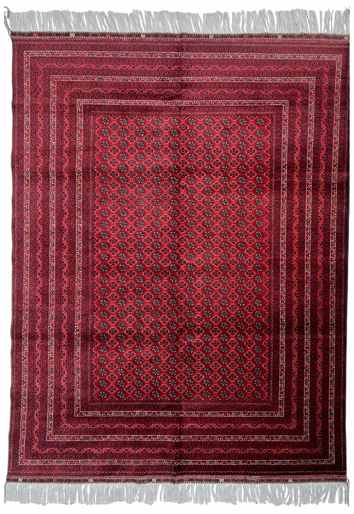 Afghan Turkmen Rug 7x9 | deep red field with a fine allover gul pattern with burgundy | gul design | hand-knotted wool
