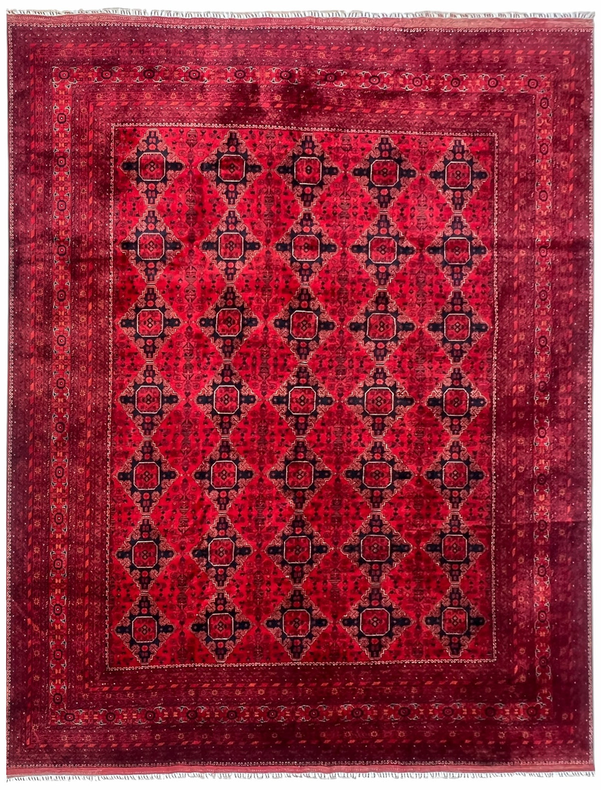 Afghan Zerkhaki Rug 10x13 | bright red field with a diamond lattice with burgundy | lattice design | hand-knotted wool