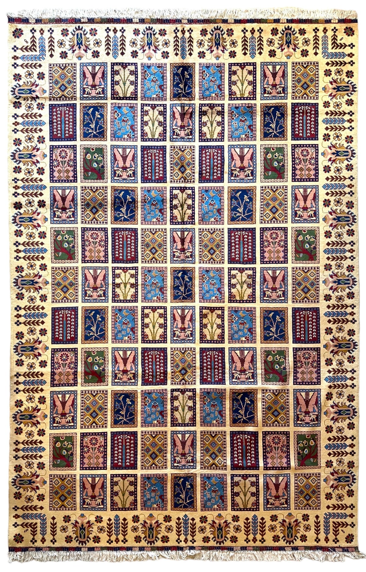 Afghan Bakhtiari Rug 7x10, Ivory, Navy & Light Blue, Hand-Knotted Wool