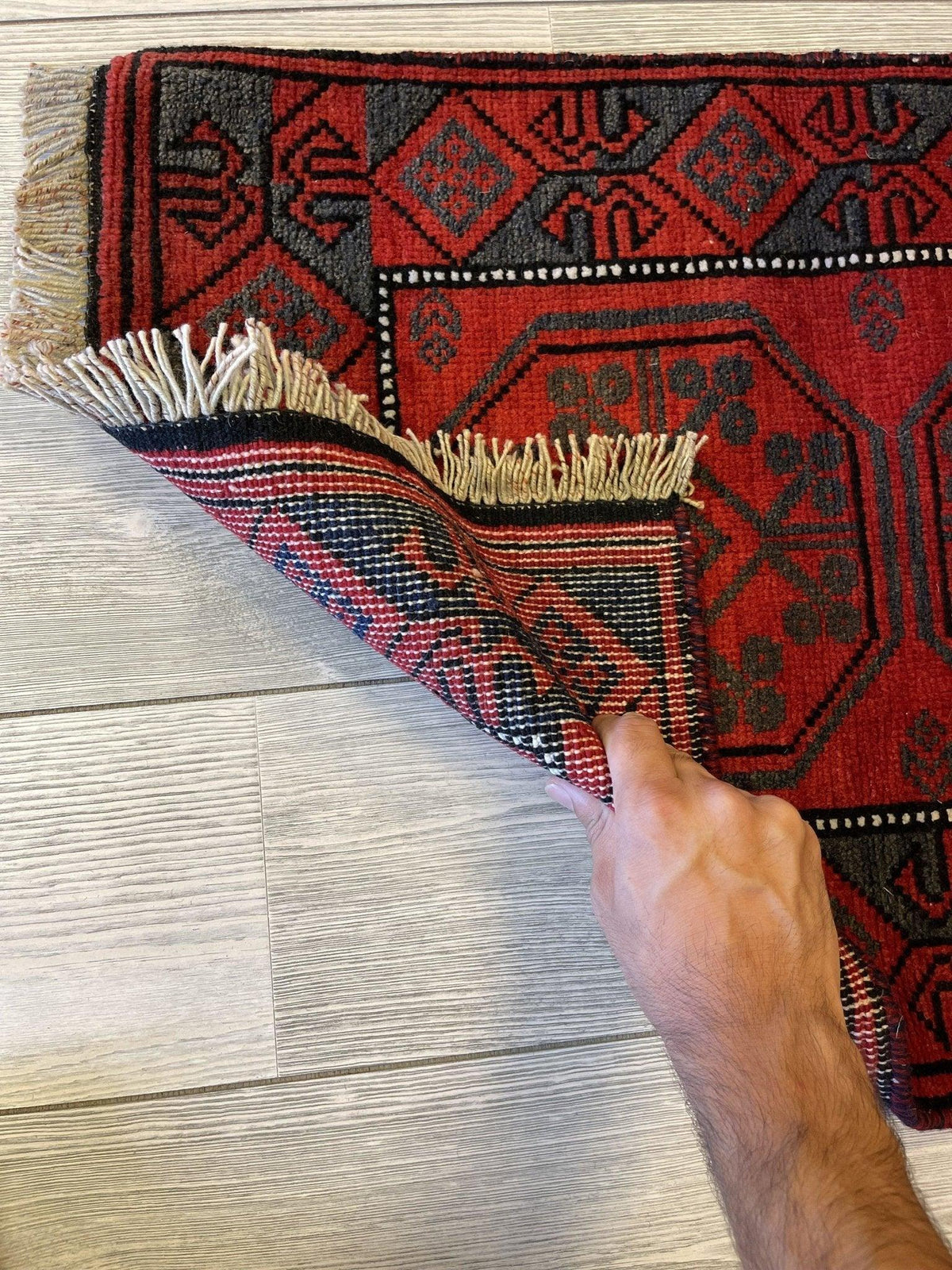 Afghan Turkmen Rug 22" x 30", Wool, Gray & Red, view 4