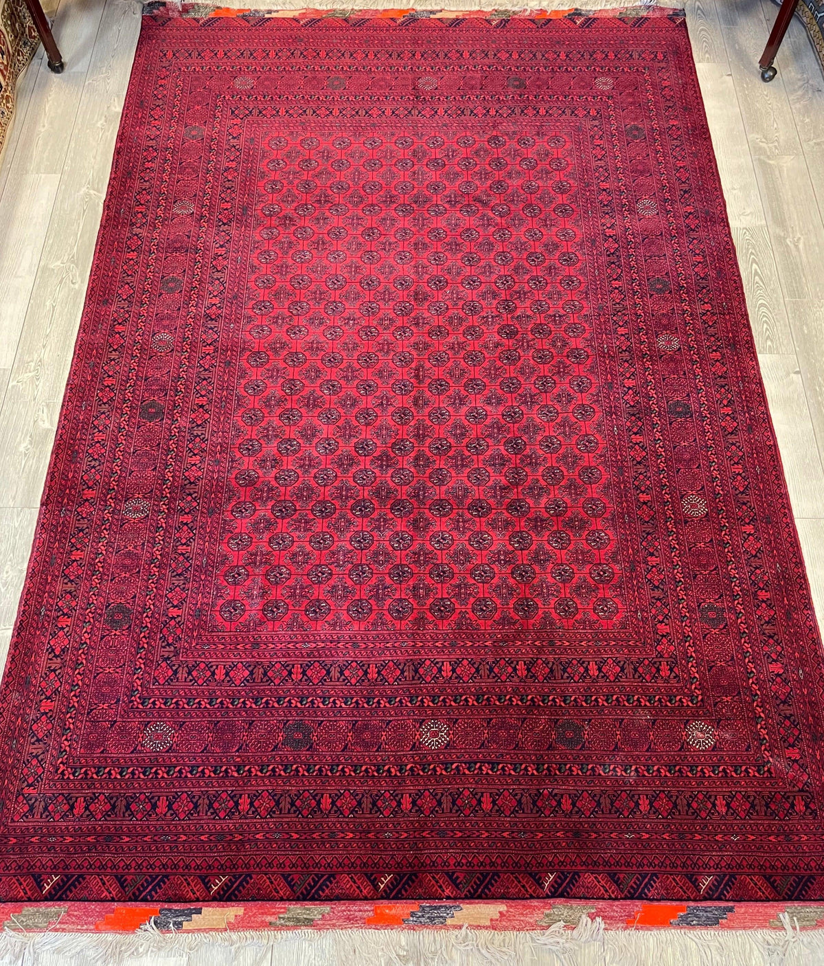 Afghan Turkmen Gul Rug 7x10, Red, Burgundy & Navy, Hand-Knotted Wool