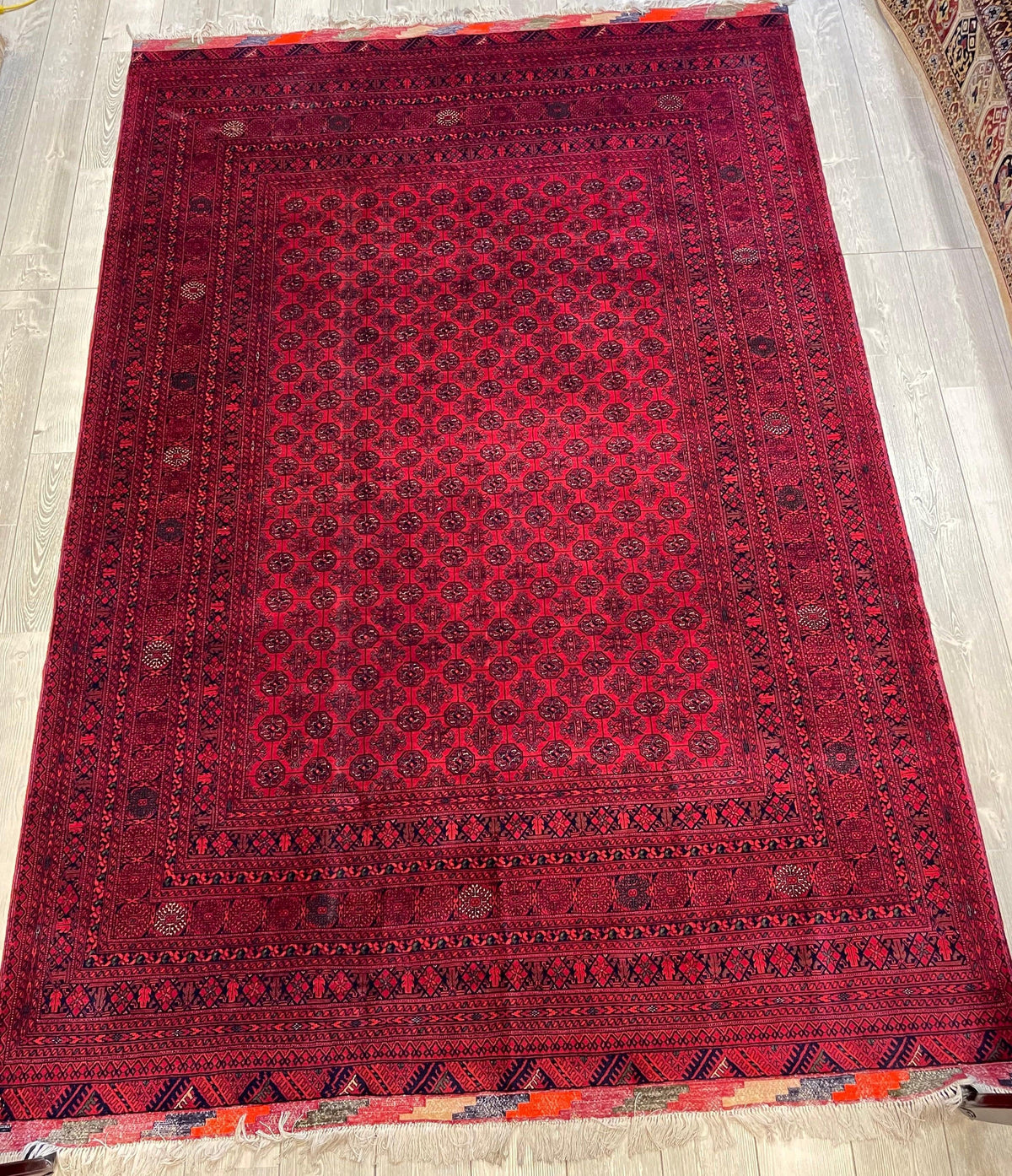 Afghan Turkmen Gul Rug 7x10, Red, Burgundy & Navy, Hand-Knotted Wool, view 2