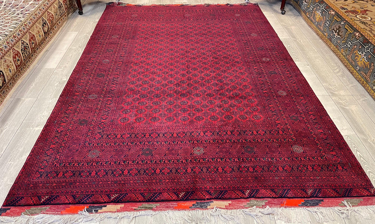 Afghan Turkmen Gul Rug 7x10, Red, Burgundy & Navy, Hand-Knotted Wool, view 3