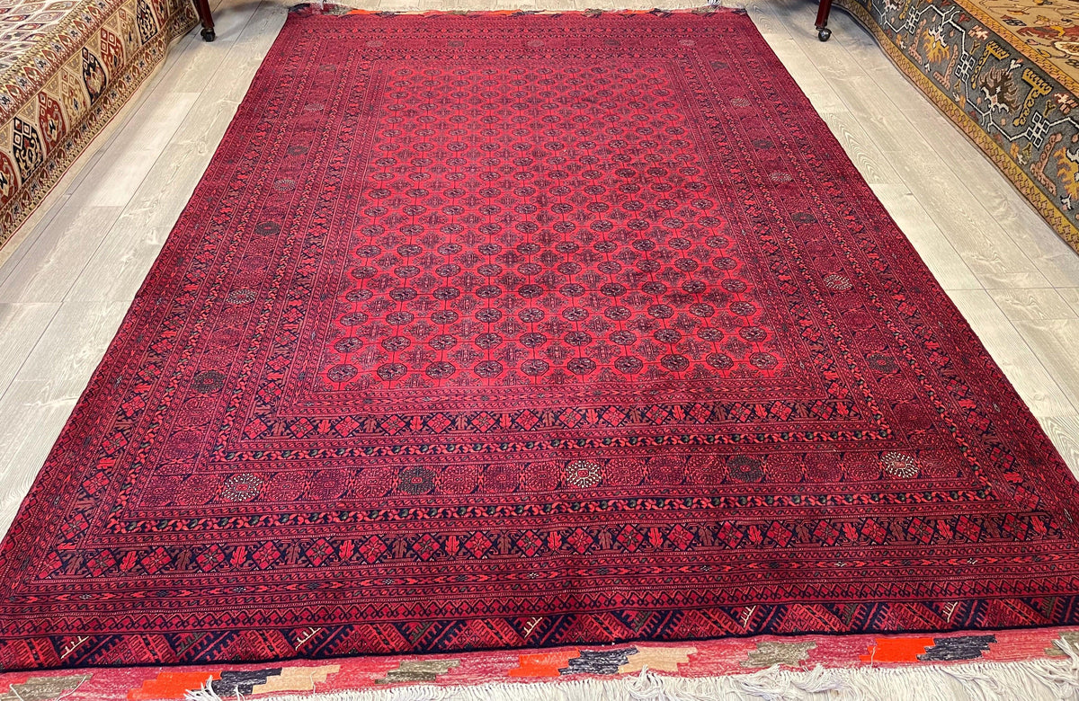 Afghan Turkmen Gul Rug 7x10, Red, Burgundy & Navy, Hand-Knotted Wool, view 4
