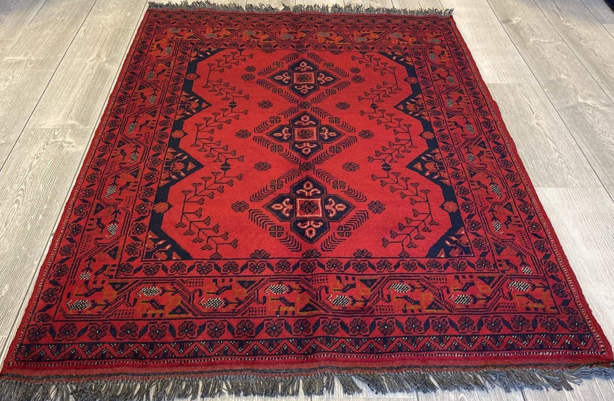 Afghan Khal Mohammadi Rug 3'6" x 4'10", Hand-Knotted Wool, Red & Blue