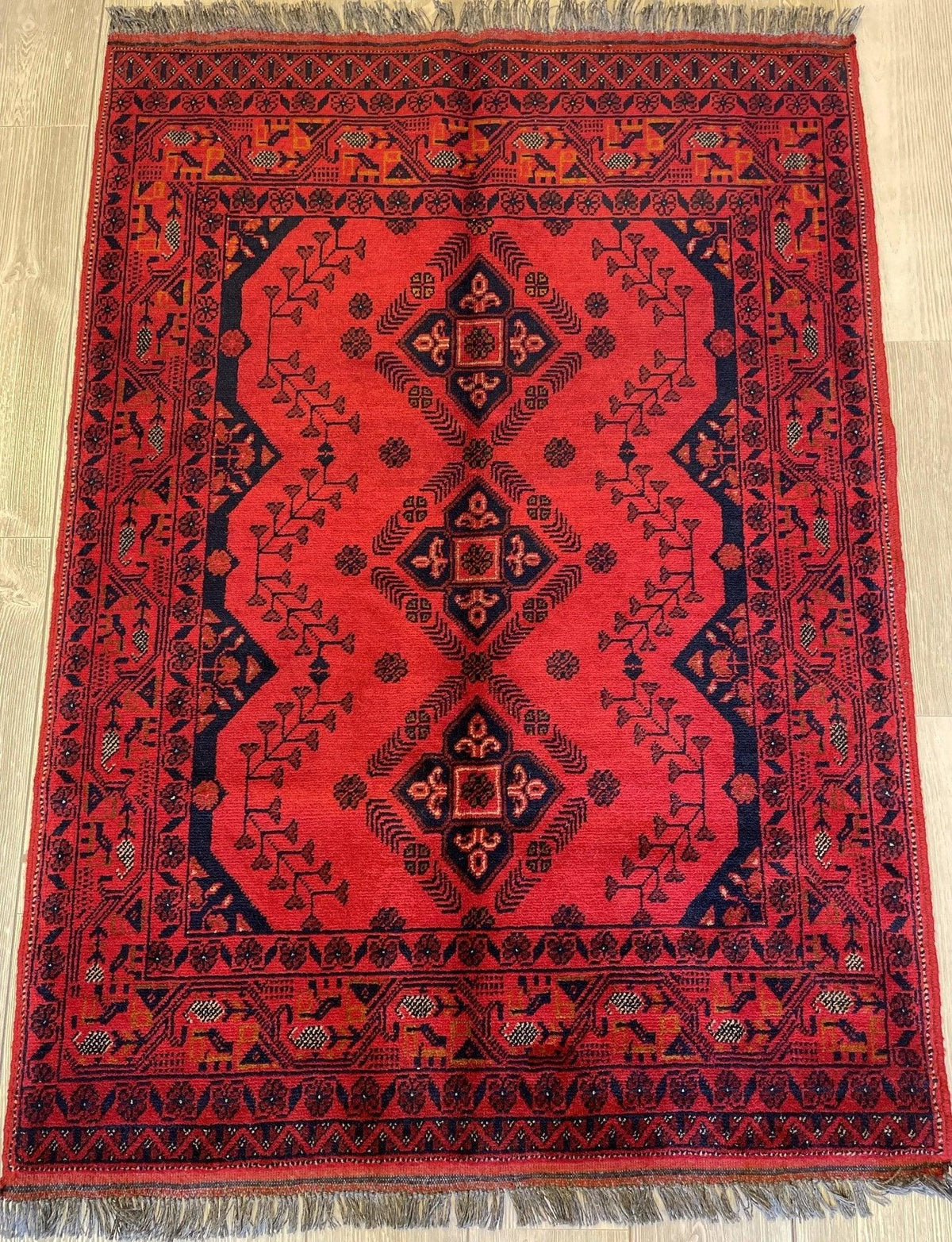 Afghan Khal Mohammadi Rug 3'6" x 4'10", Hand-Knotted Wool, Red & Blue, view 2