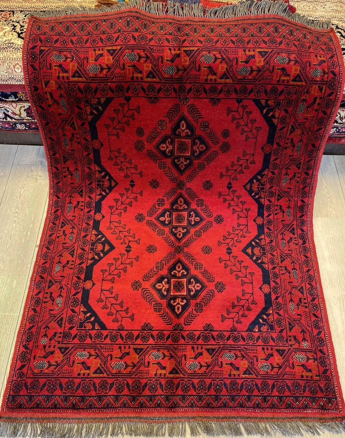 Afghan Khal Mohammadi Rug 3'6" x 4'10", Hand-Knotted Wool, Red & Blue, view 3