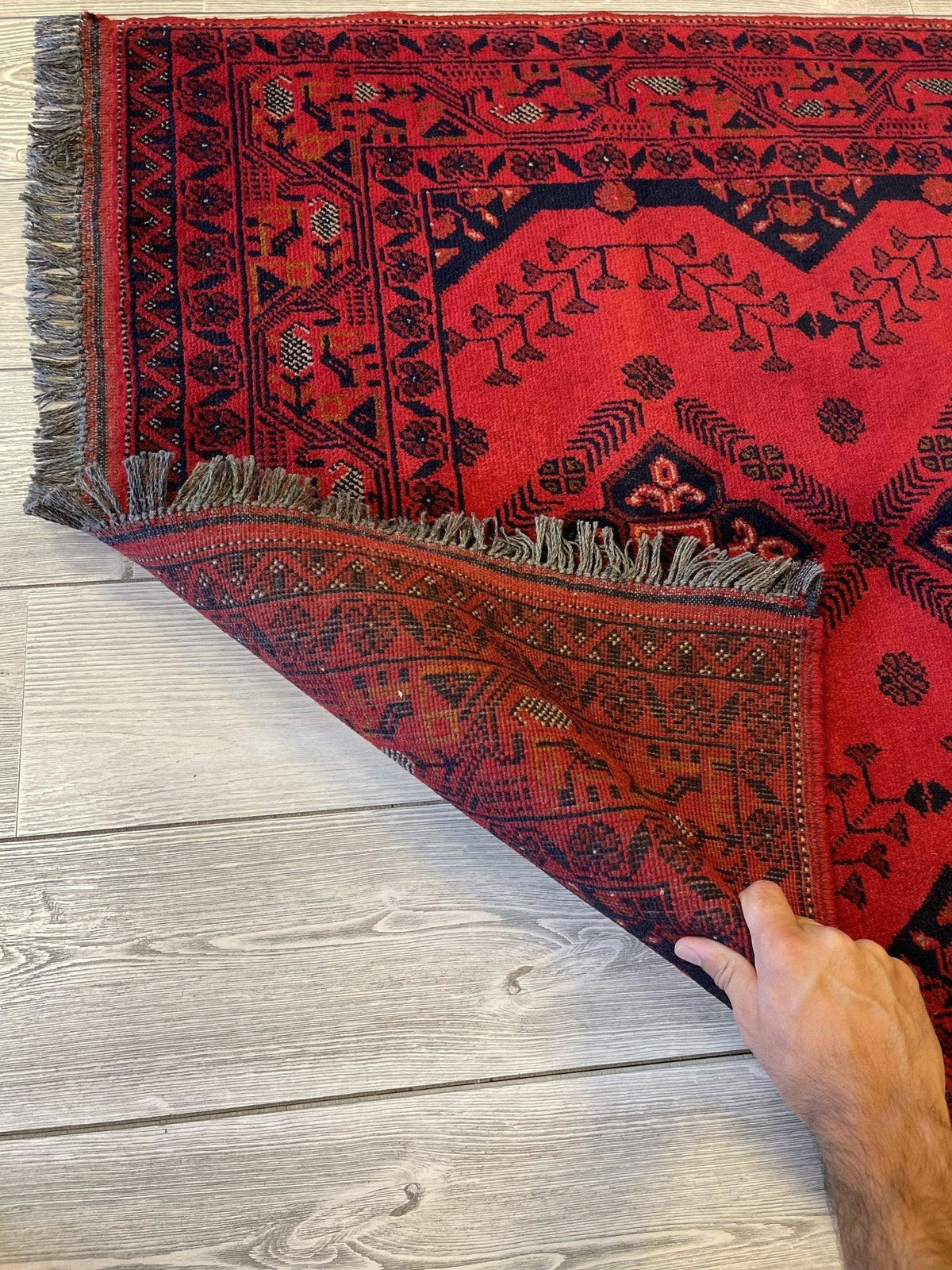 Afghan Khal Mohammadi Rug 3'6" x 4'10", Hand-Knotted Wool, Red & Blue, view 4