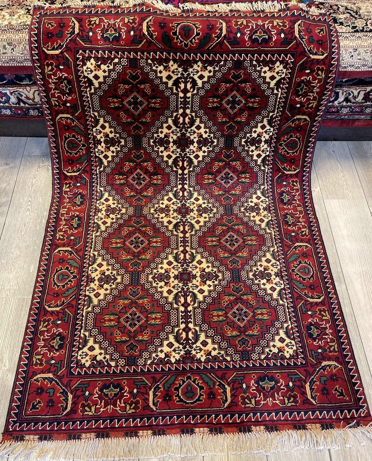 Afghan Yusuf Bayi Rug 3'5" x 5', Ghazni Wool, Cream & Red, view 2