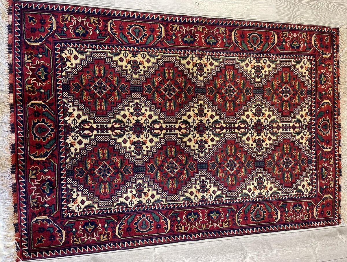 Afghan Yusuf Bayi Rug 3'5" x 5', Ghazni Wool, Cream & Red, view 4