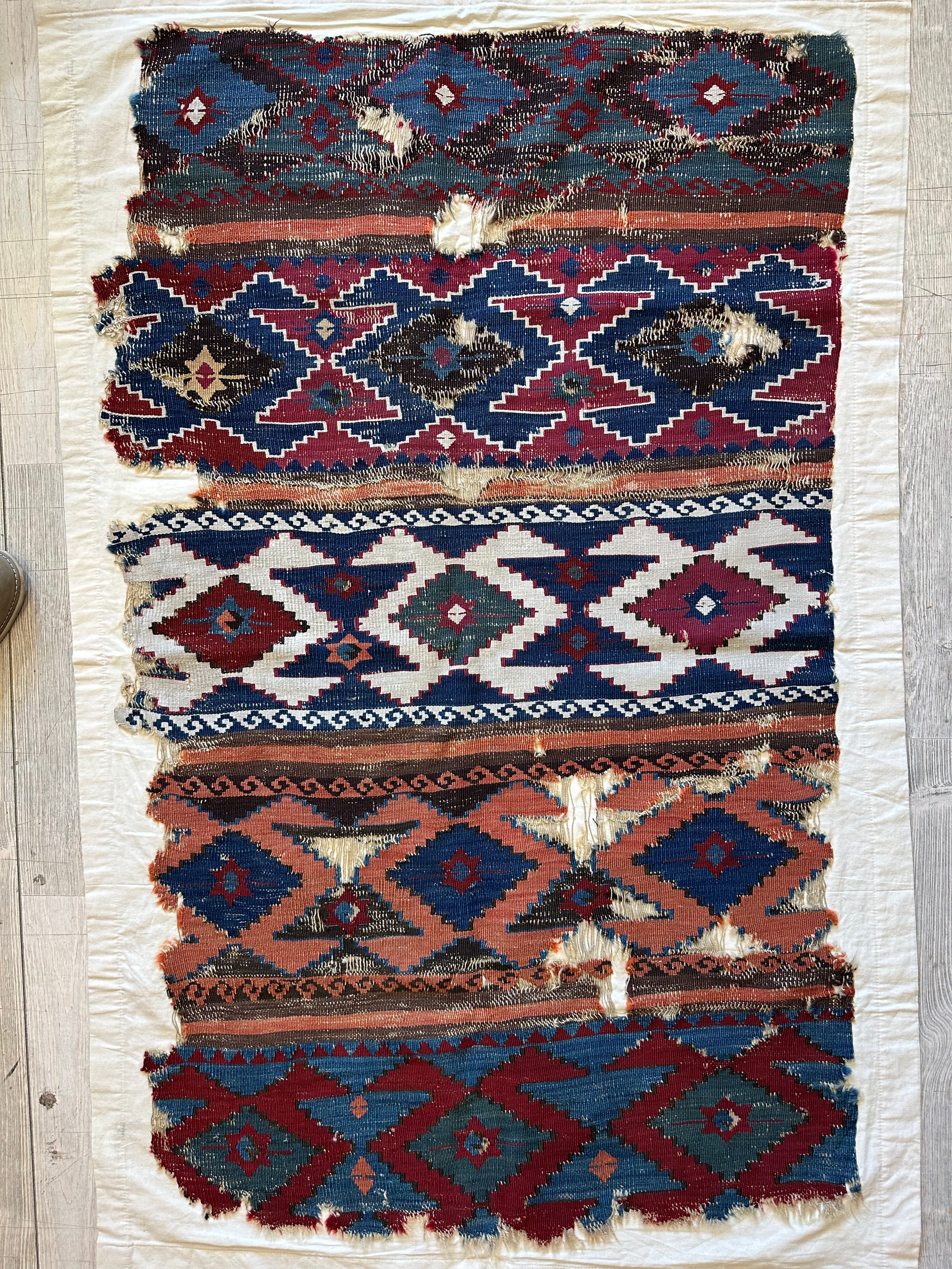 Antique Anatolian Kilim Fragment 3' x 4'9", Hand-Woven Wool, Red, view 3