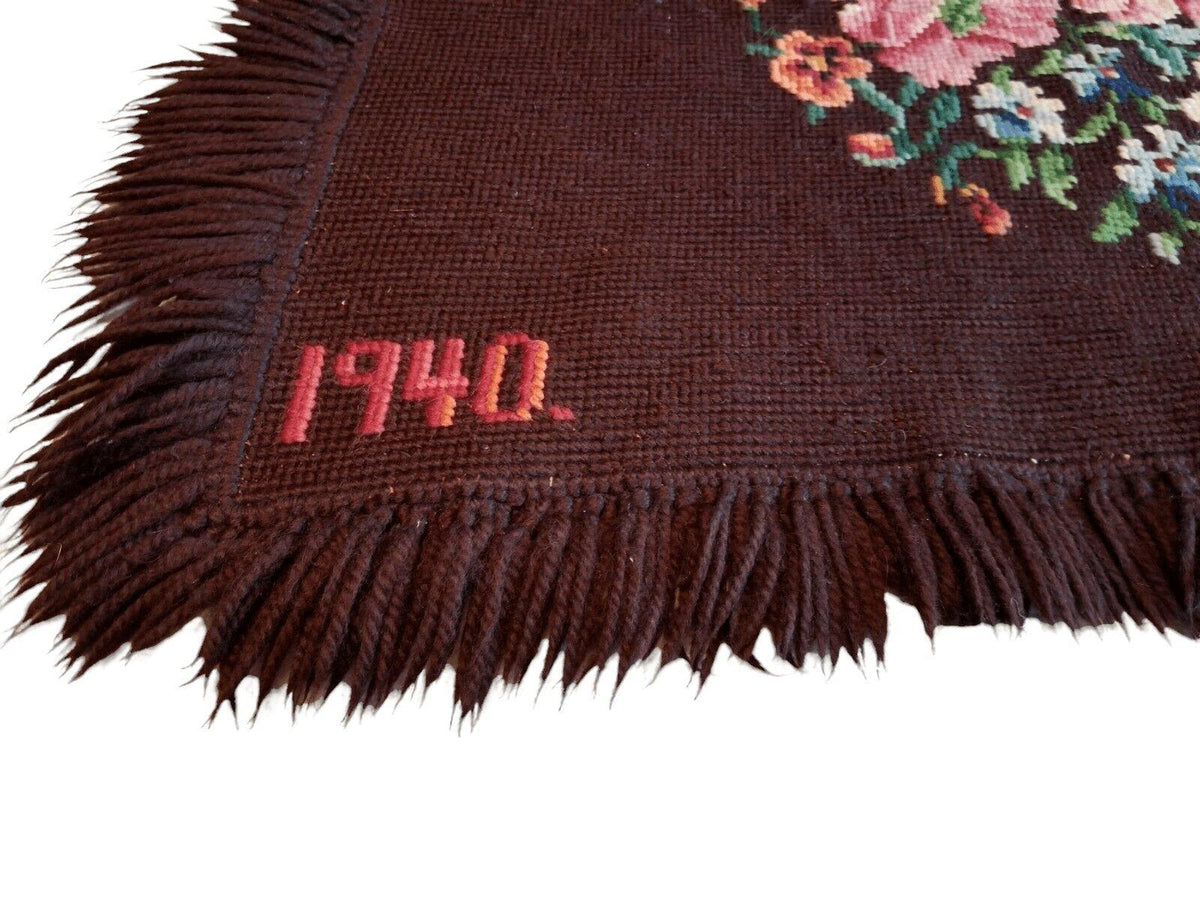 Vintage Needlepoint Tapestry 3'3" x 3'7", Wool, c. 1940, view 4