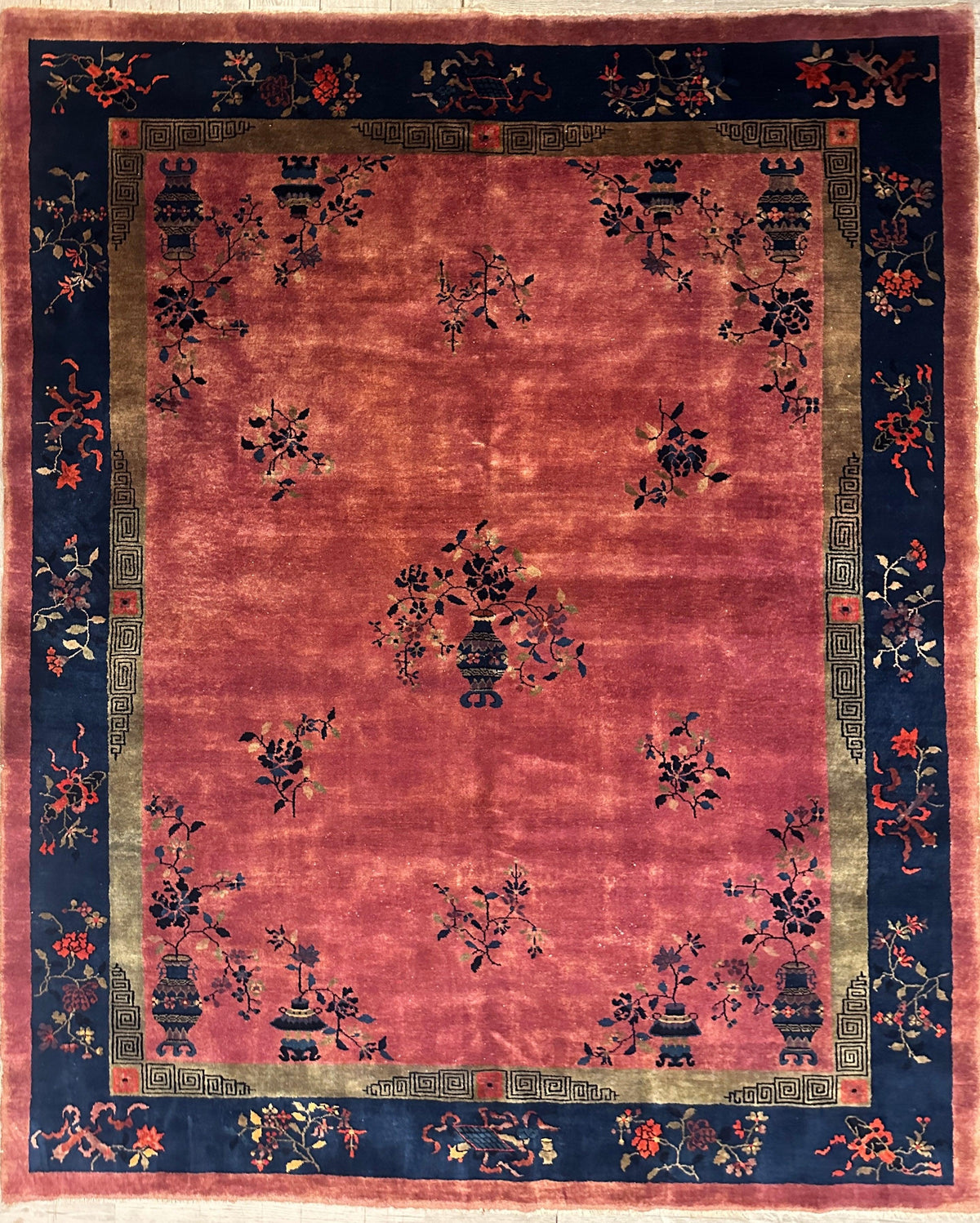 Antique Chinese Rug 8'2" x 9'9", Hand-Knotted Wool, Art Deco