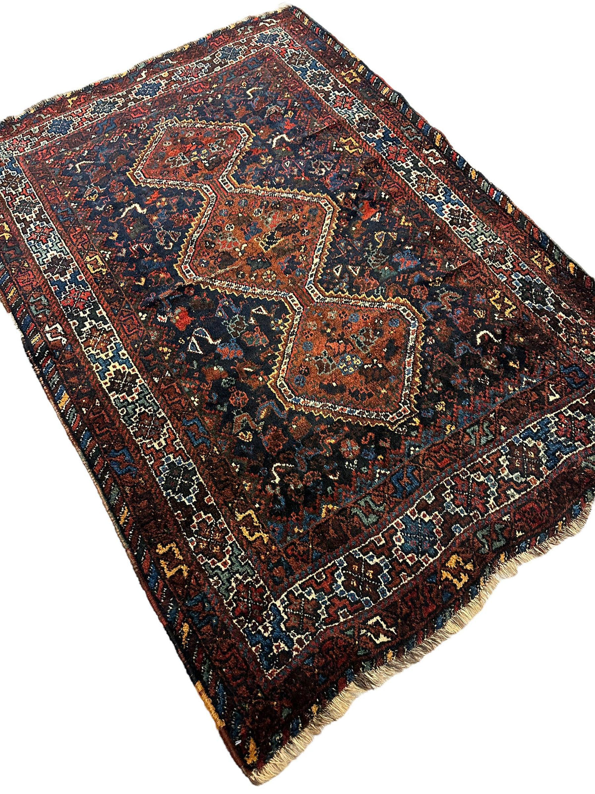 Antique Persian Khamseh Rug 4' x 5'10", Hand-Knotted Wool, 1920s, view 13