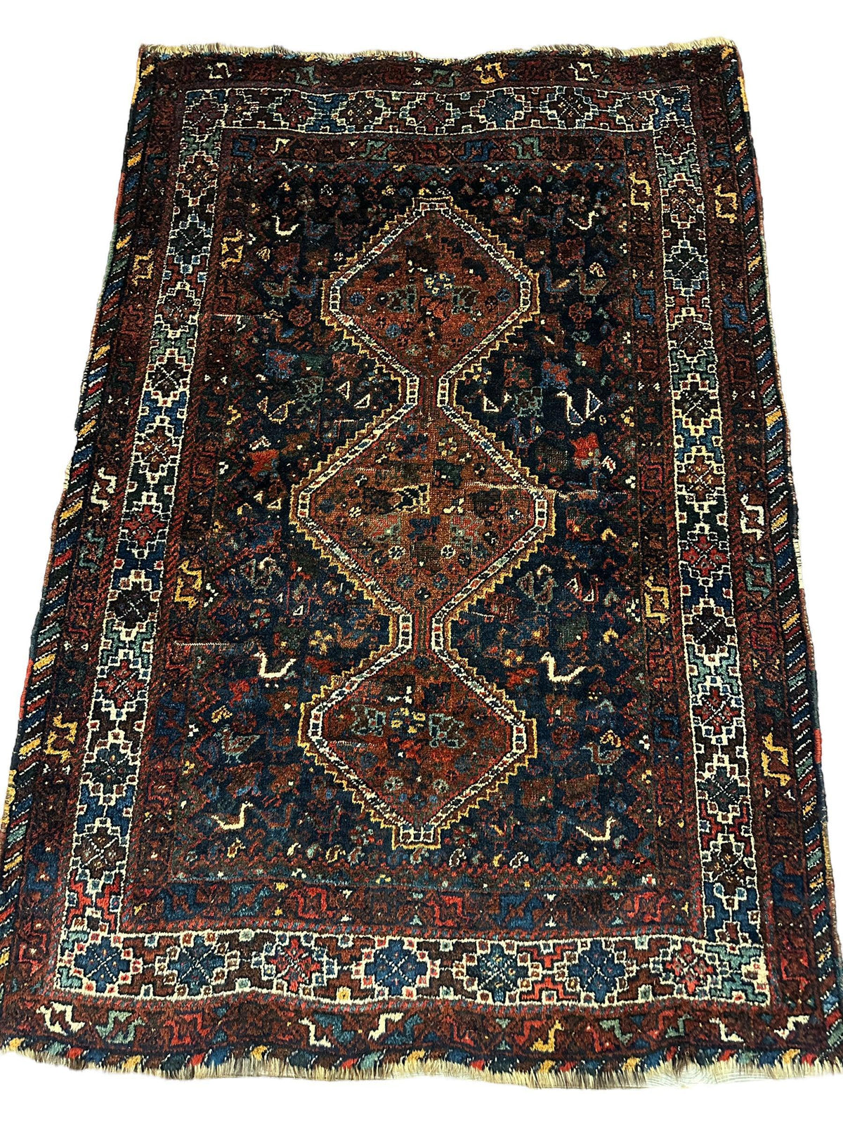 Antique Persian Khamseh Rug 4' x 5'10", Hand-Knotted Wool, 1920s, view 6