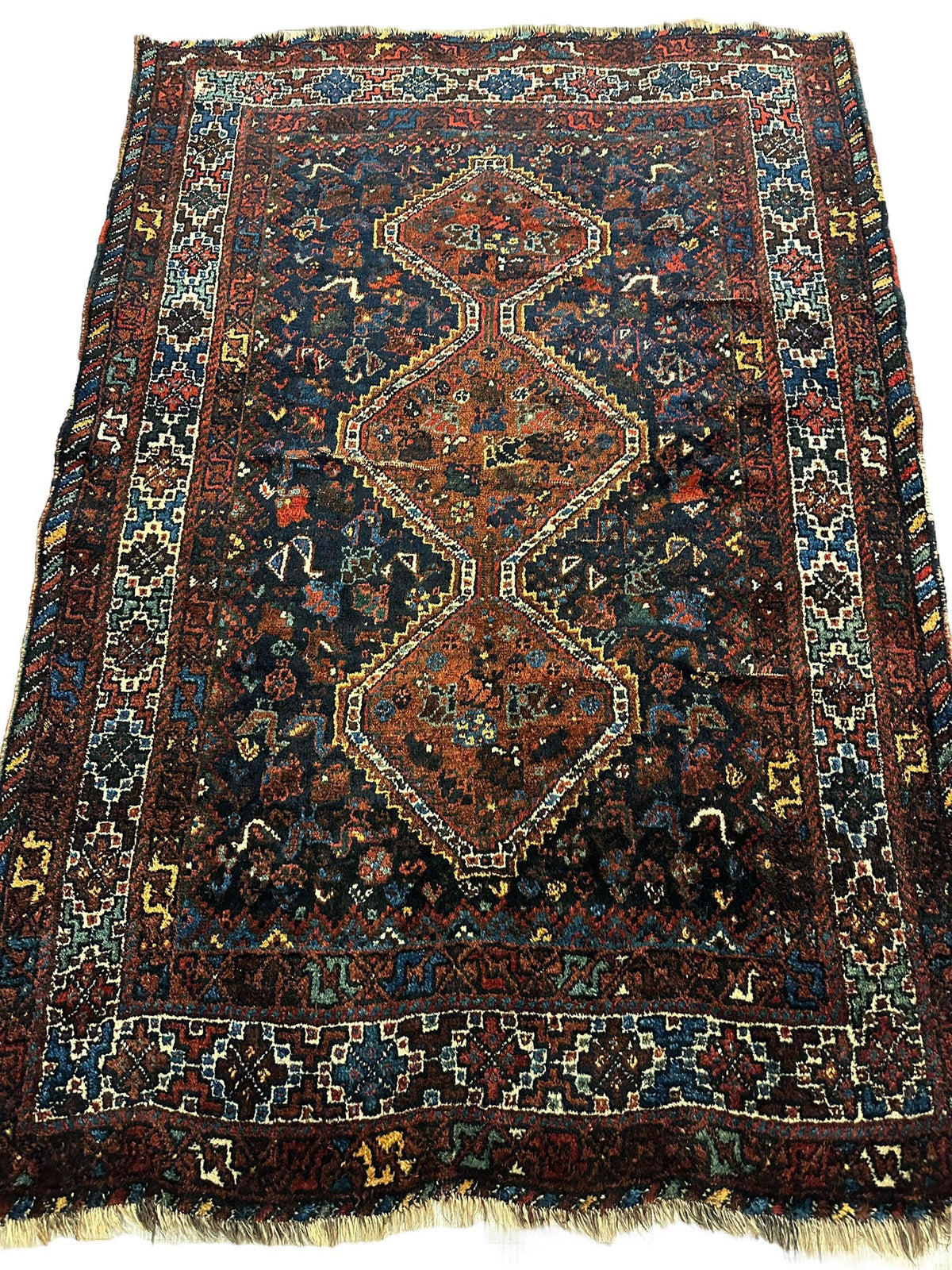 Antique Persian Khamseh Rug 4' x 5'10", Hand-Knotted Wool, 1920s, view 7