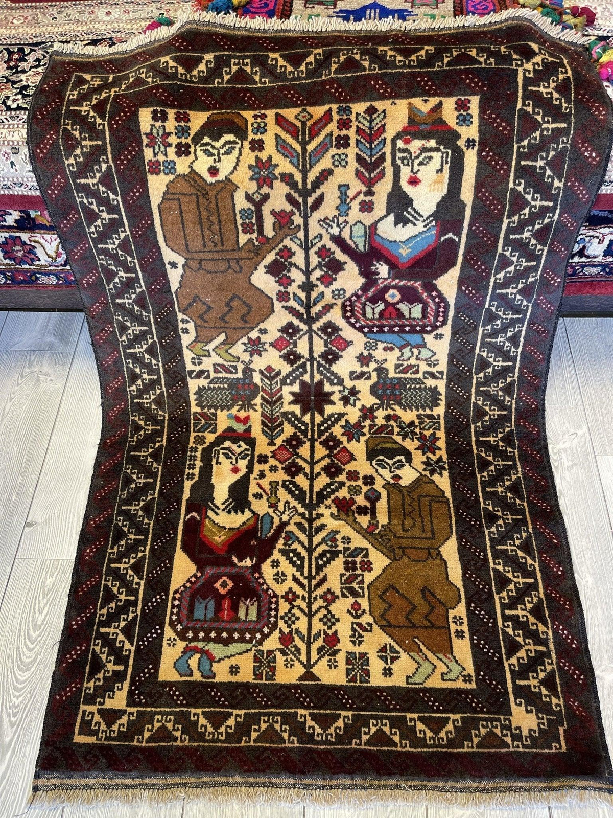 Vintage Afghan Baluch Rug 2'10" x 4'5", Wool, Beige, Brown & Cream