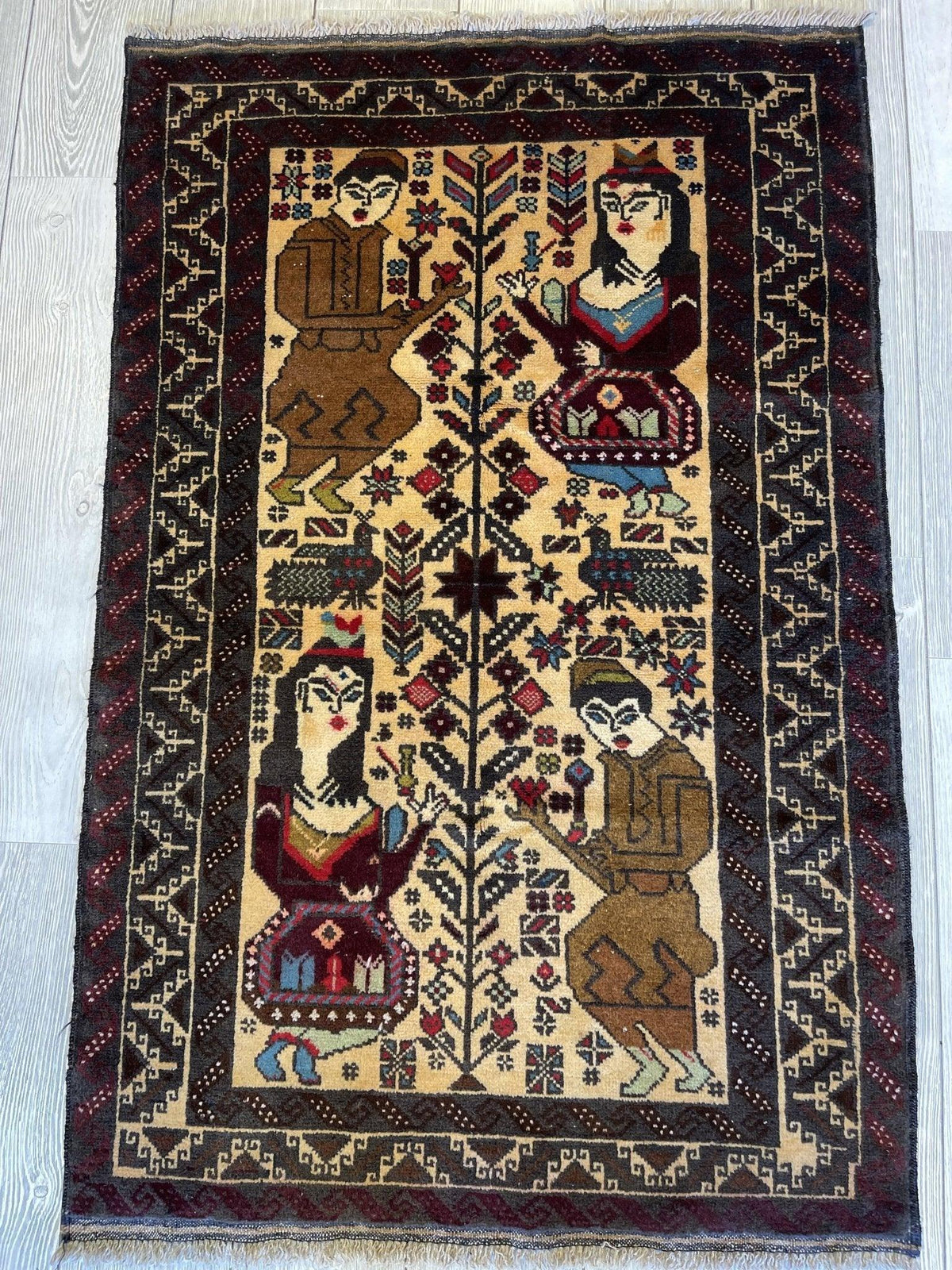 Vintage Afghan Baluch Rug 2'10" x 4'5", Wool, Beige, Brown & Cream, view 2