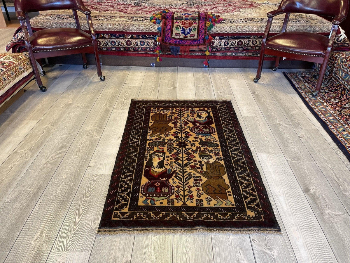 Vintage Afghan Baluch Rug 2'10" x 4'5", Wool, Beige, Brown & Cream, view 3