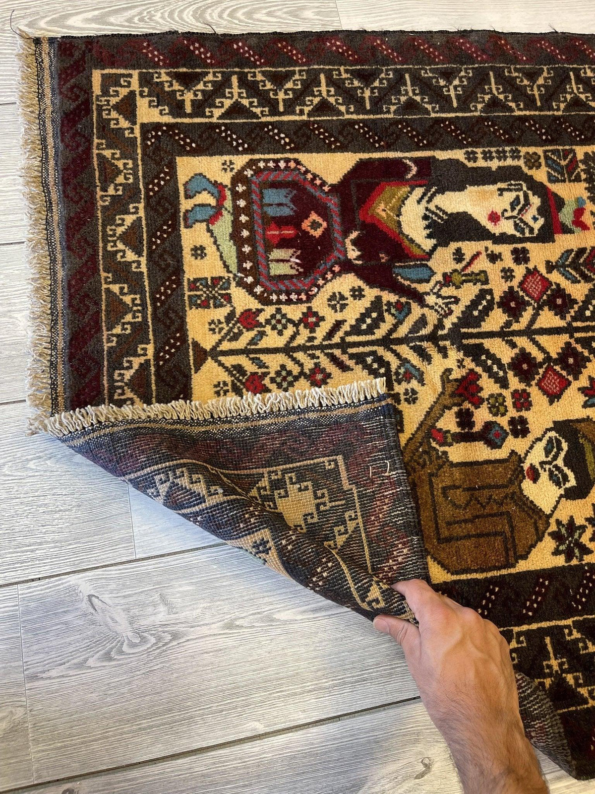 Vintage Afghan Baluch Rug 2'10" x 4'5", Wool, Beige, Brown & Cream, view 4