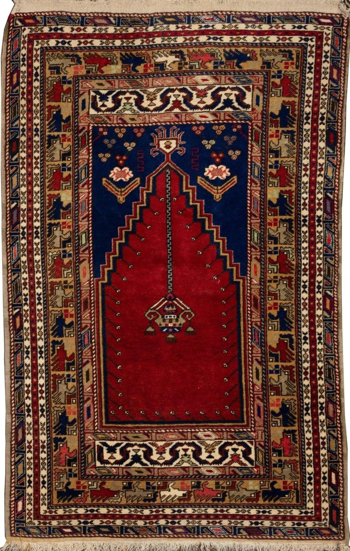 Vintage Turkish Prayer Rug 3'10" x 6', Hand-Knotted Wool, 1960s