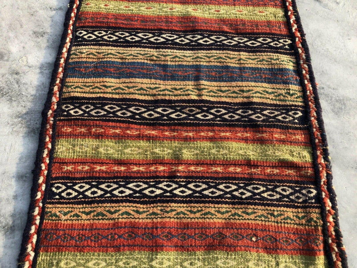 Persian Shiraz Kilim 22" x 29", Hand-Woven Wool, Green & Red, view 4