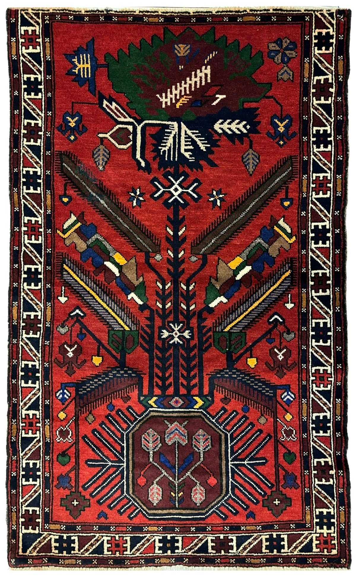 Vintage Afghan Baluch Rug 3' x 5', Hand-Knotted Wool, Blue & Green