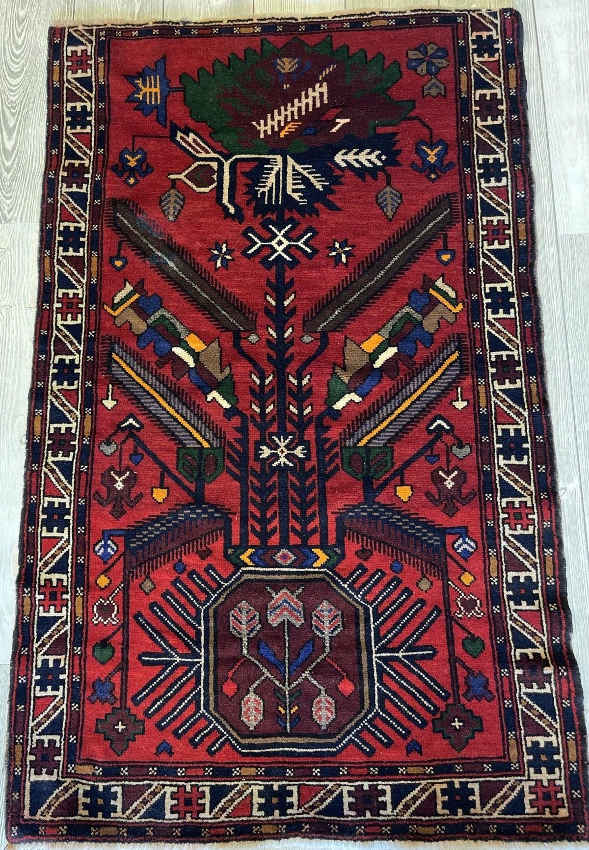 Vintage Afghan Baluch Rug 3' x 5', Hand-Knotted Wool, Blue & Green, view 3