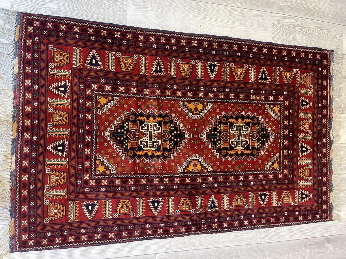 Afghan Samarqandi Rug 3'4" x 5'5", Hand-Knotted Wool, Cream & Orange, view 2