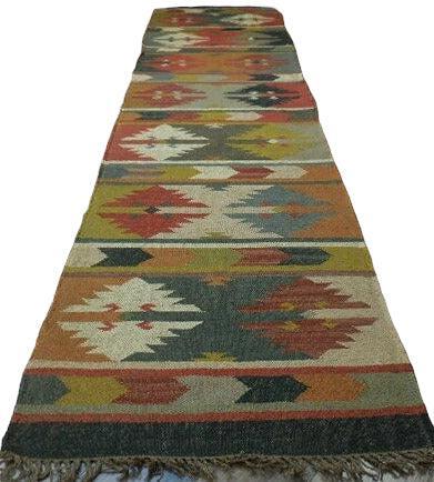 Indo-Turkish Kilim Runner 2'6" x 10', Hand-Woven, Blue, Brown & Cream