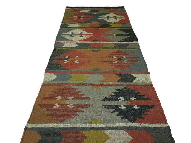 Indo-Turkish Kilim Runner 2'6" x 10', Hand-Woven, Blue, Brown & Cream, view 6
