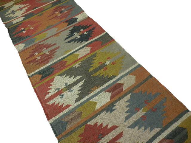 Indo-Turkish Kilim Runner 2'6" x 10', Hand-Woven, Blue, Brown & Cream, view 7