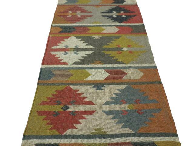 Indo-Turkish Kilim Runner 2'6" x 10', Hand-Woven, Blue, Brown & Cream, view 9