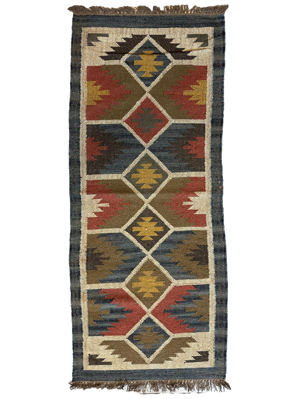 Indo-Turkish Kilim Runner 2'6" x 6', Hand-Woven, Blue, Brown & Cream